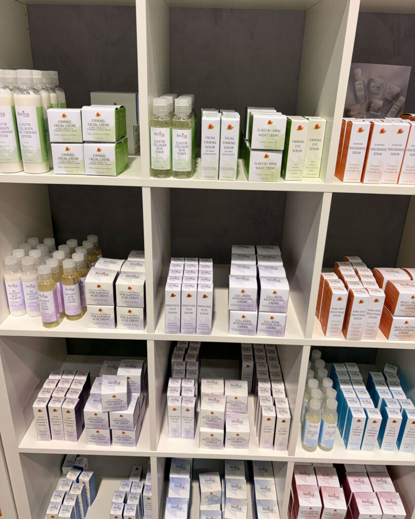 Assorted skincare products on shelves