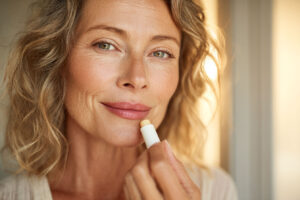 Woman applying lip balm, smiling softly.