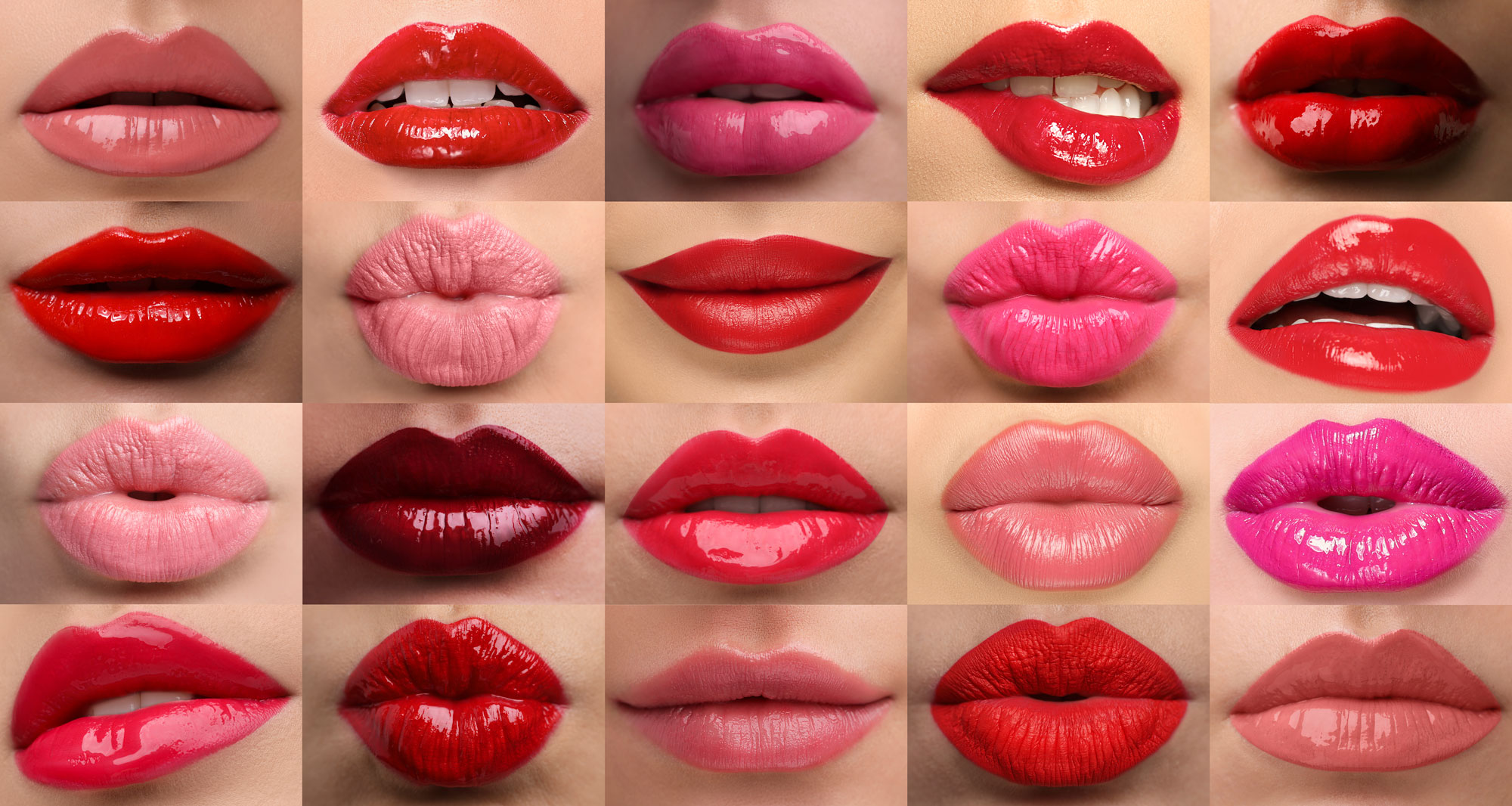 Variety of lipstick colors on lips.