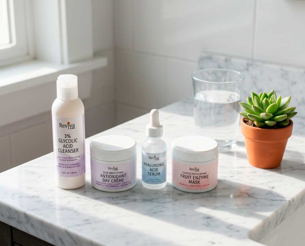 Skincare products on marble counter with succulent
