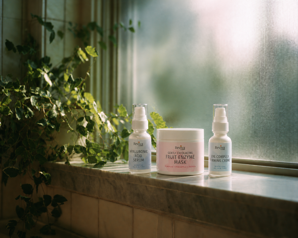 Skincare products on sunlit windowsill with plants