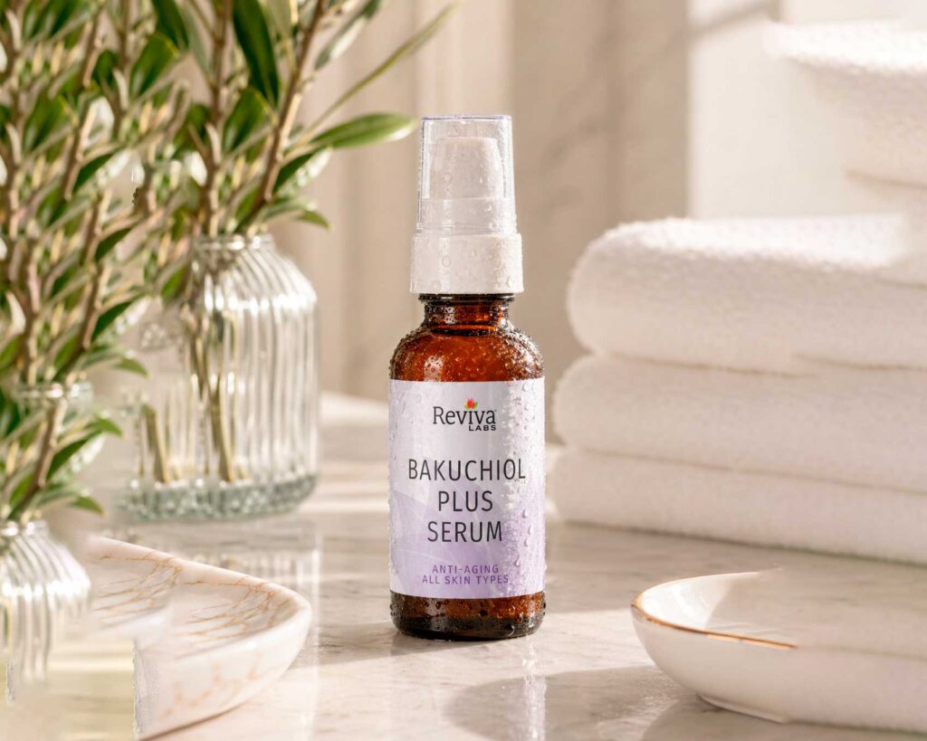 Bakuchiol Plus Serum bottle on marble counter