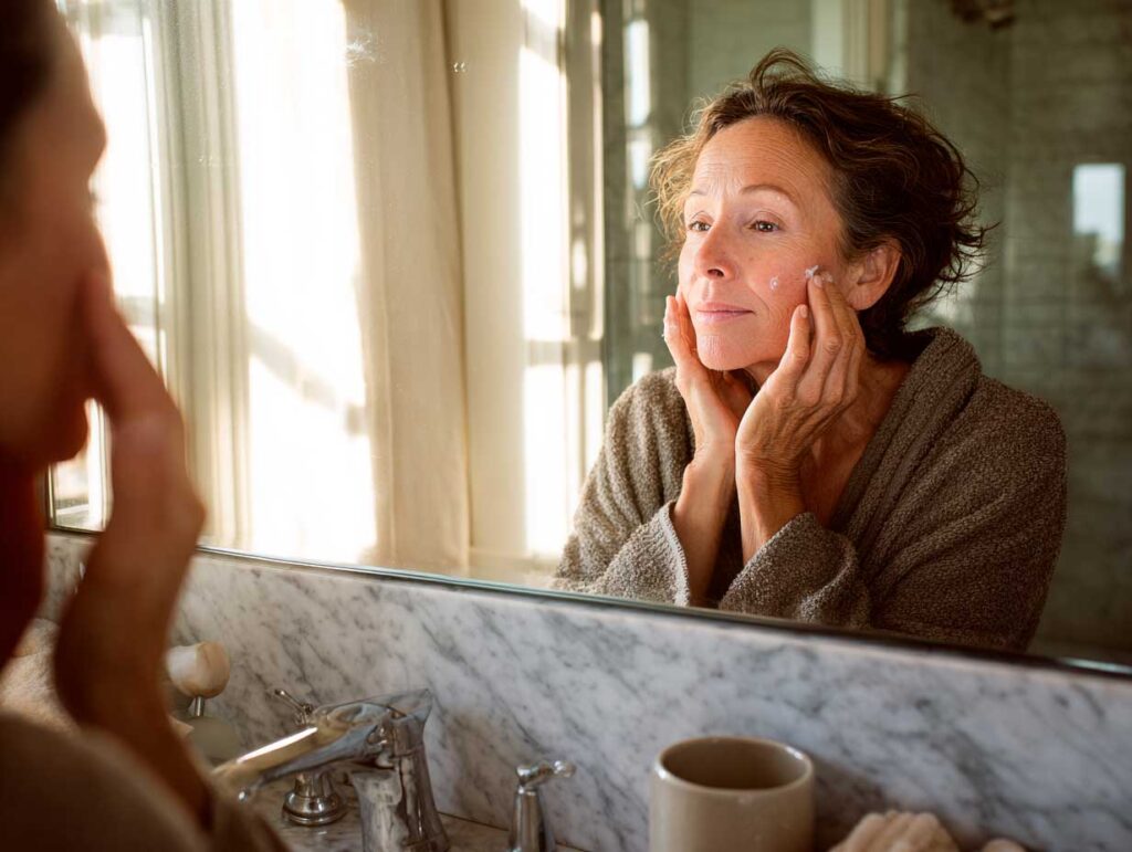 Woman applying face cream in bathroom mirror