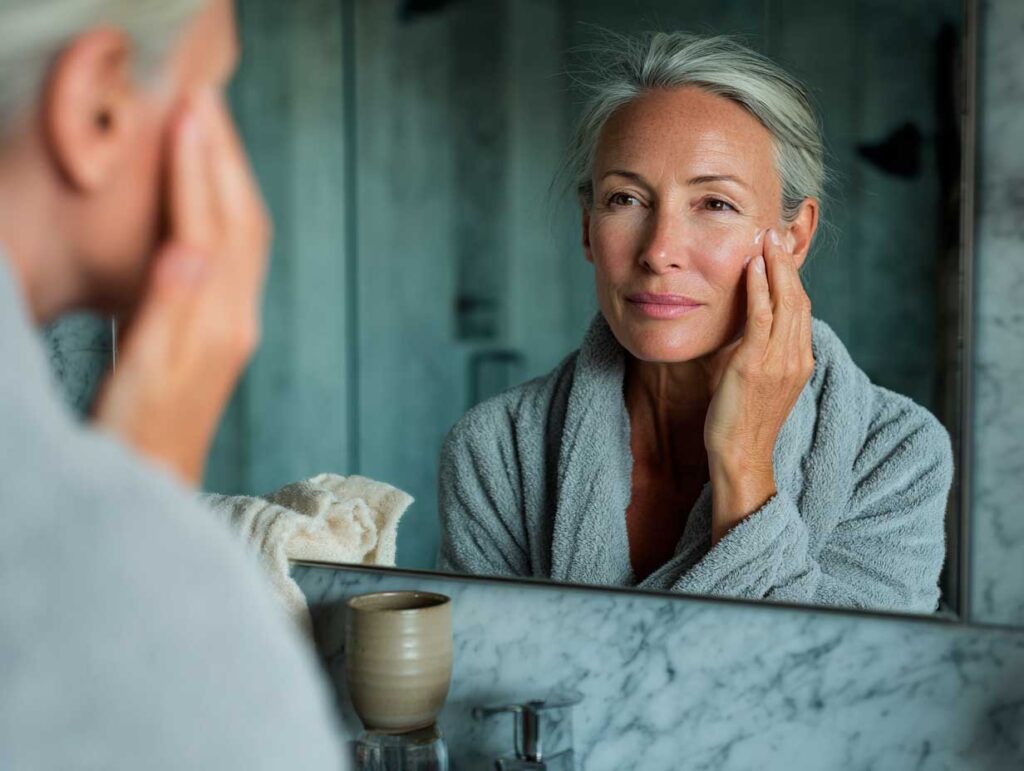 Woman applying skincare while looking in bathroom mirror