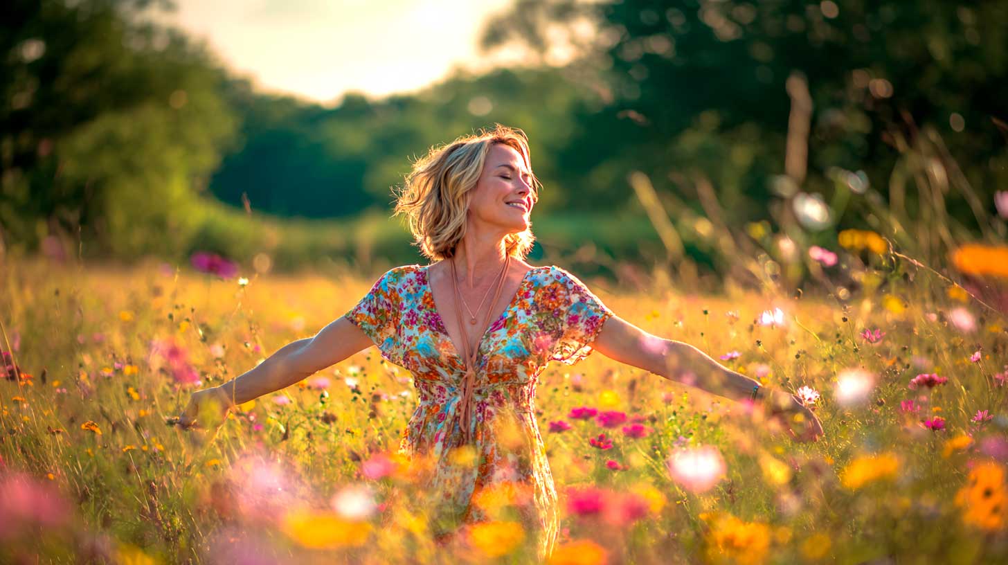 Woman in floral dress in wildflower field