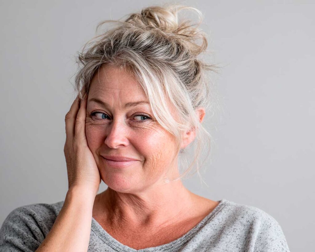 Smiling middle-aged woman with gray hair in bun