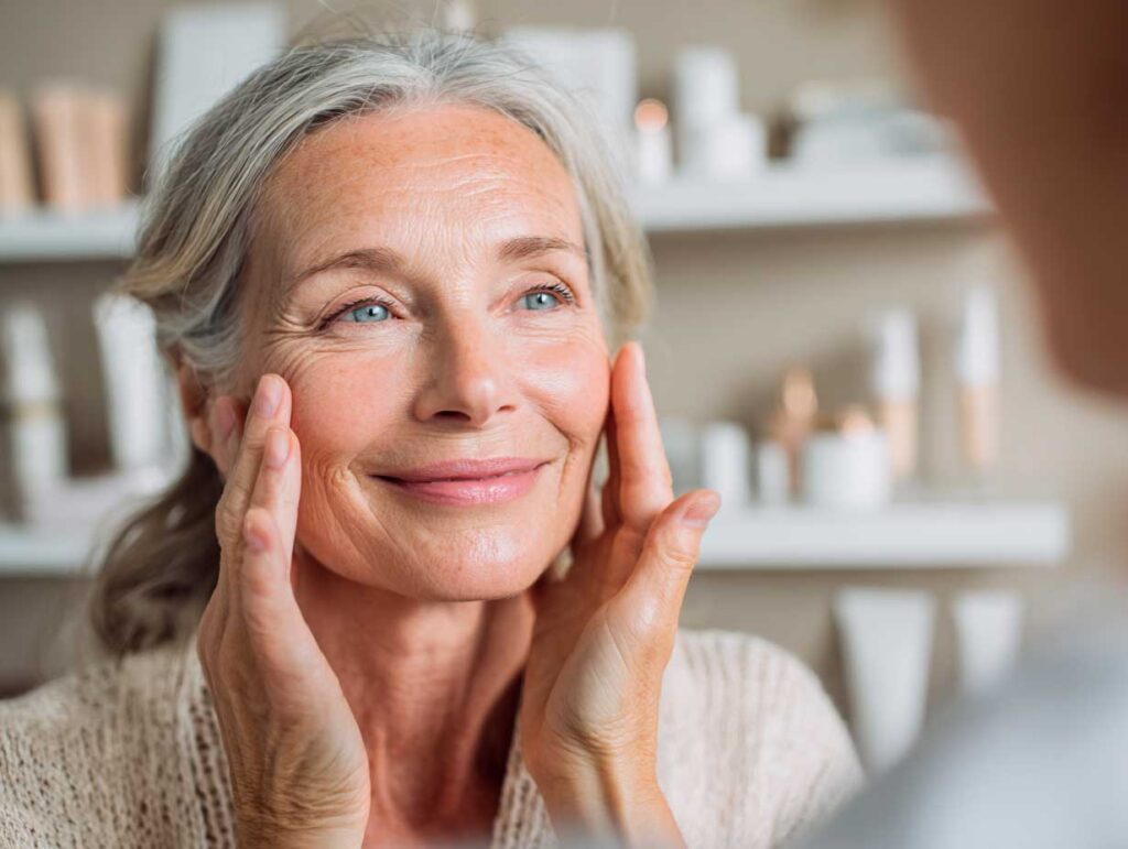 Smiling older woman applying skincare at home