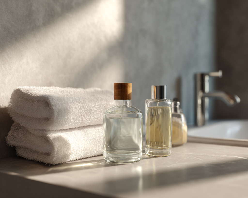 Folded towels and glass bottles on bathroom counter