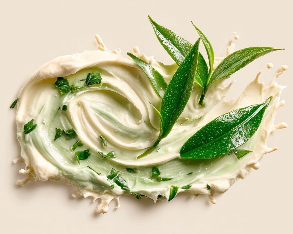 Green tea cream splash with fresh leaves