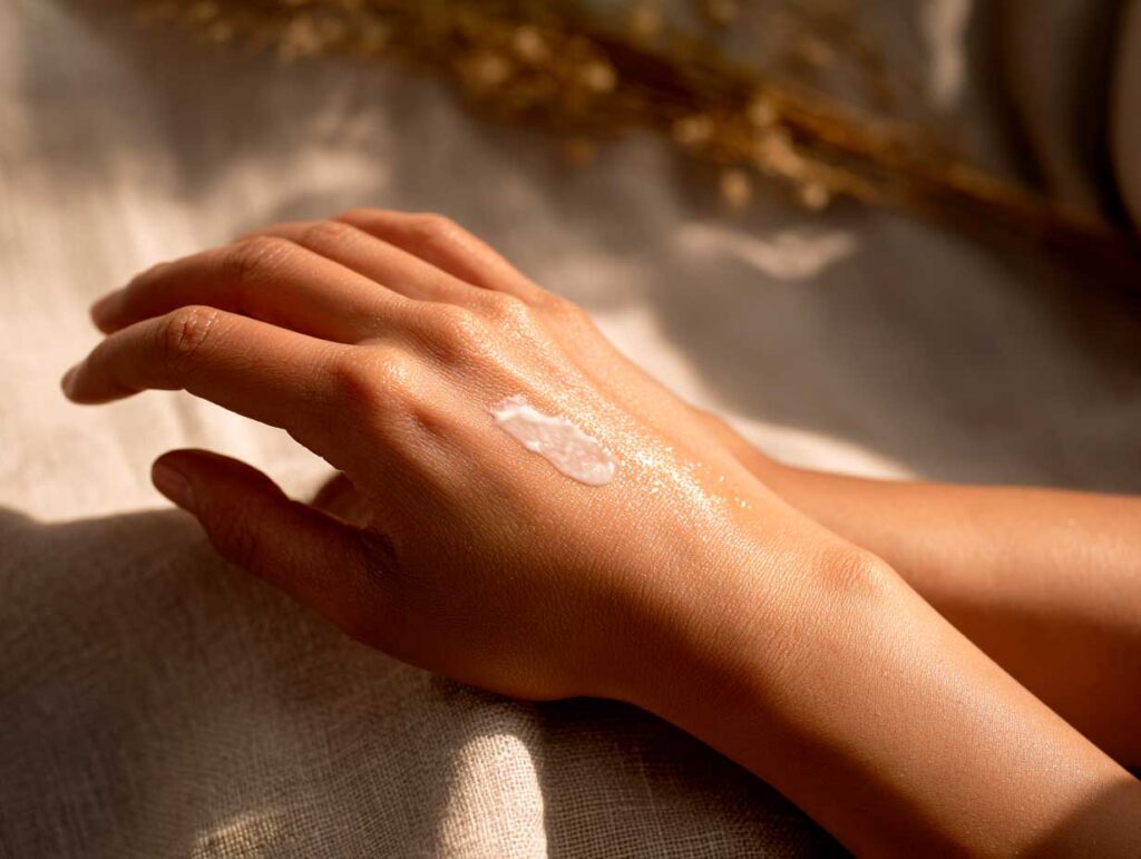 Hand with moisturizer in warm sunlight