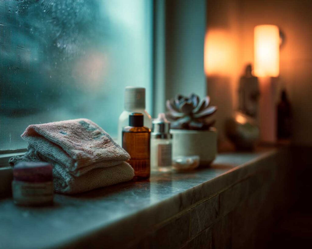 Bathroom windowsill with towels, skincare bottles, and candle