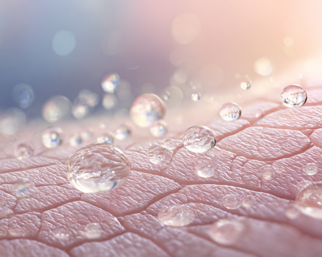 Water droplets on hydrated skin surface