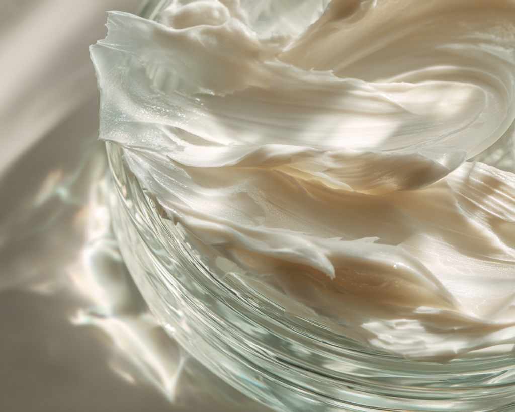 Close-up of creamy moisturizer in glass jar