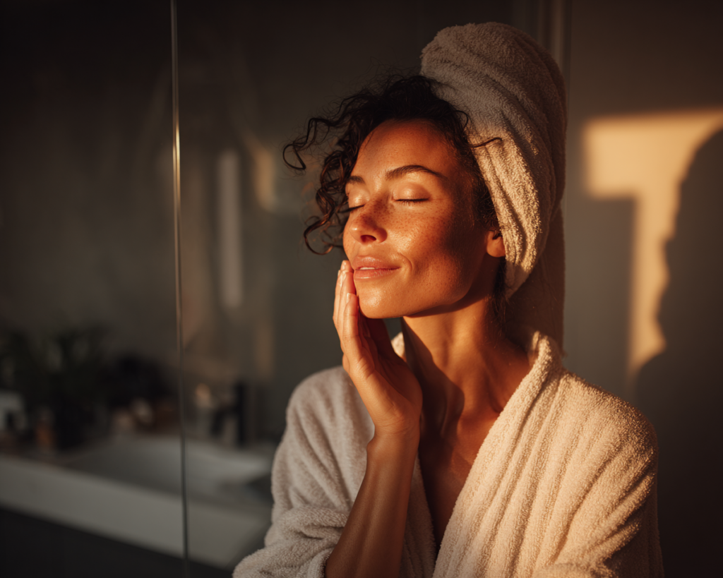 Woman in bathrobe enjoying sunlight skincare moment