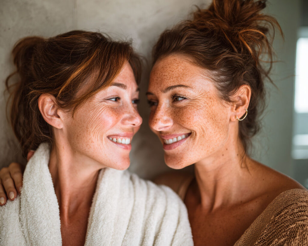 Two women smiling closely at each other indoors