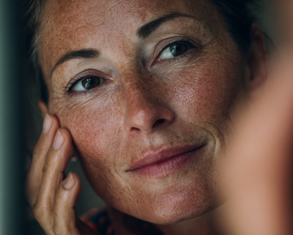 Close-up of freckled woman touching her face