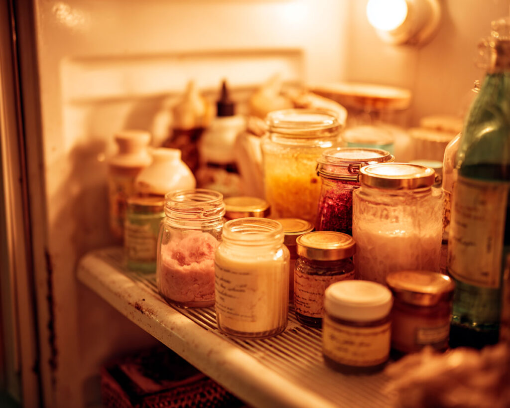 Jars of homemade preserves inside refrigerator shelf