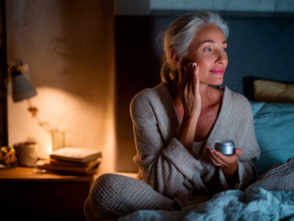 Woman applying face cream in cozy bedroom at night