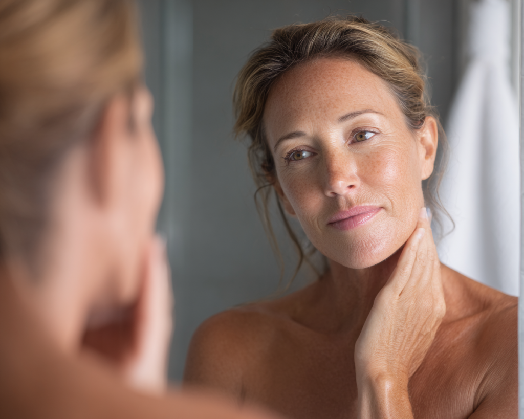Woman examining her skin in bathroom mirror