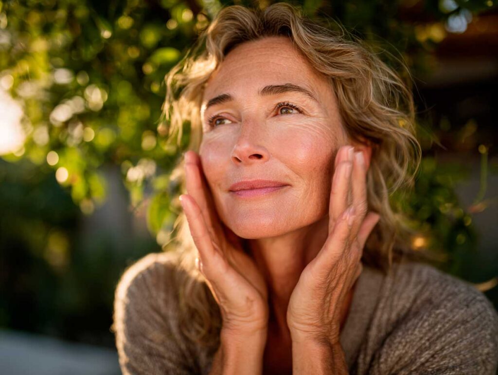 Mature woman touching face in golden sunlight