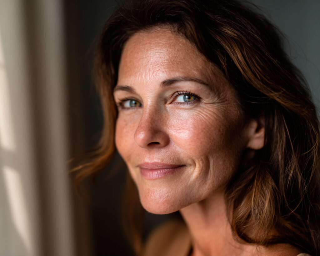 Close-up portrait of smiling woman in natural light