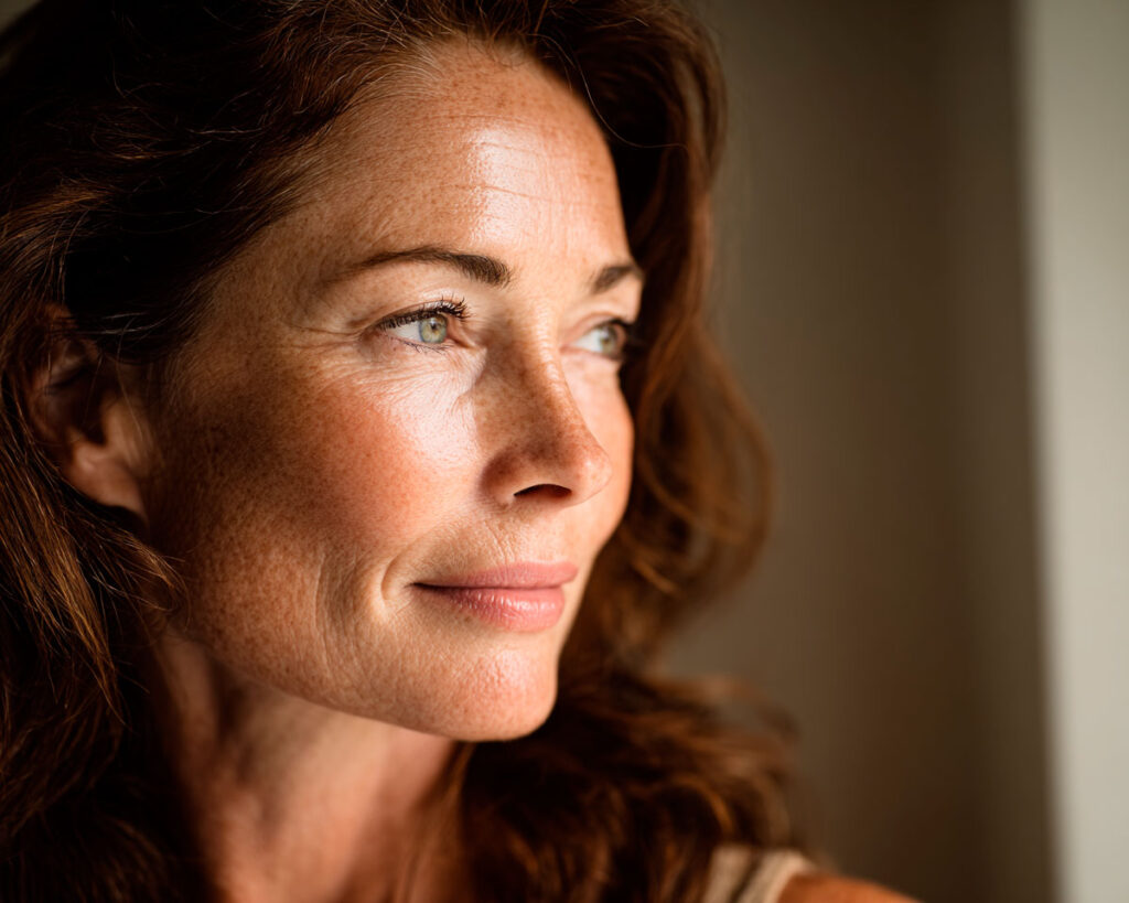 Close-up portrait of woman gazing out window