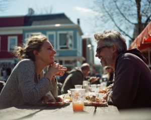 Couple laughing at outdoor cafe table
