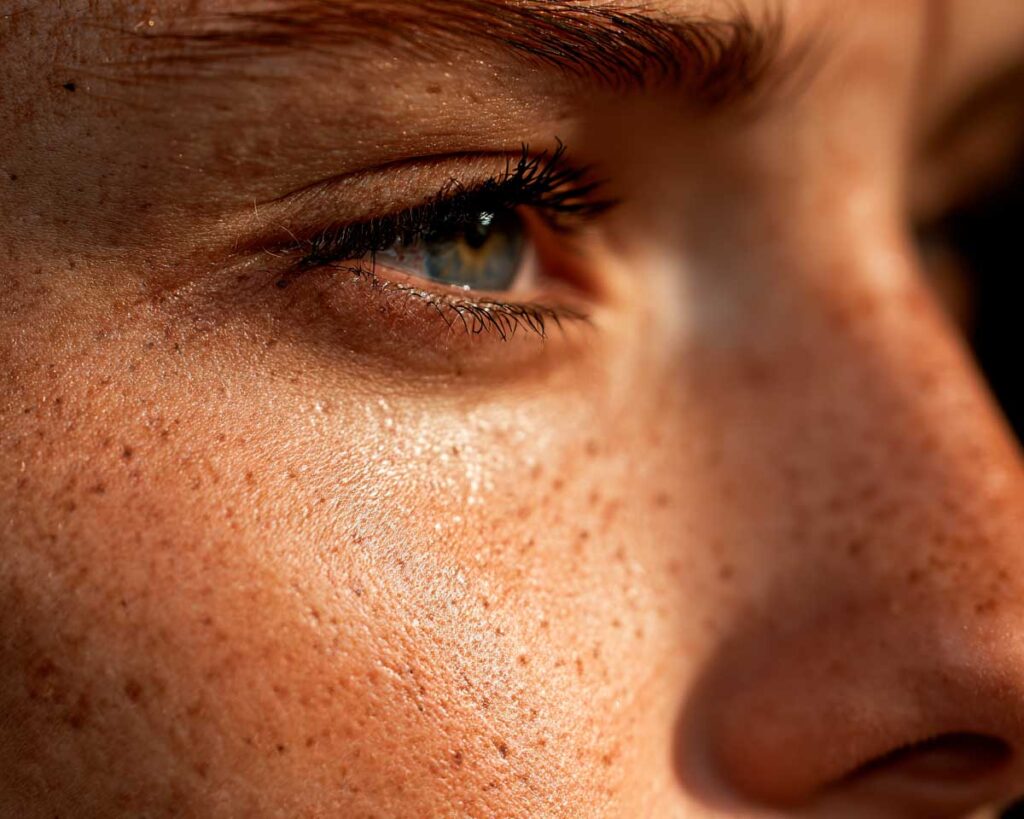Close-up of freckled face and eye