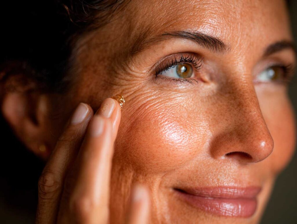 Woman applying skincare cream near eye wrinkles
