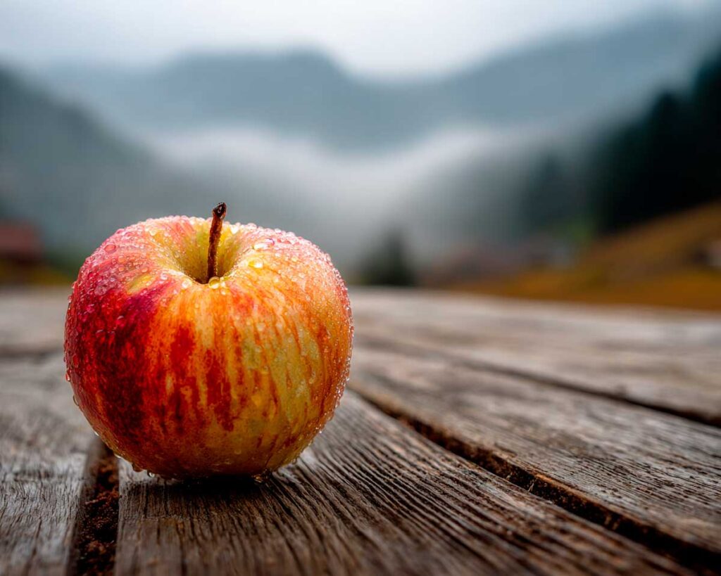 close up of a single heirloom apple resting on 444d092f 3668 486d a4c8 f3b6e476b1ac 1