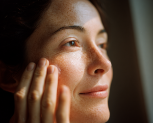 Freckled woman touching cheek in natural light
