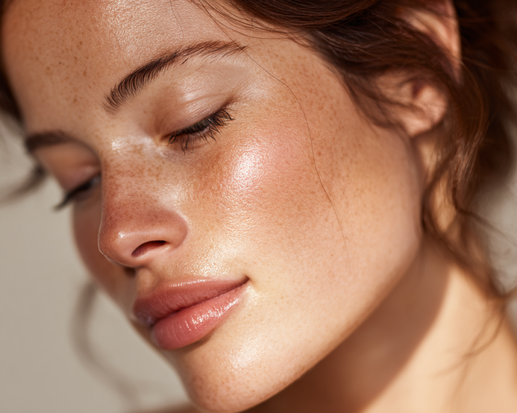 Close-up of freckled woman with glowing skin