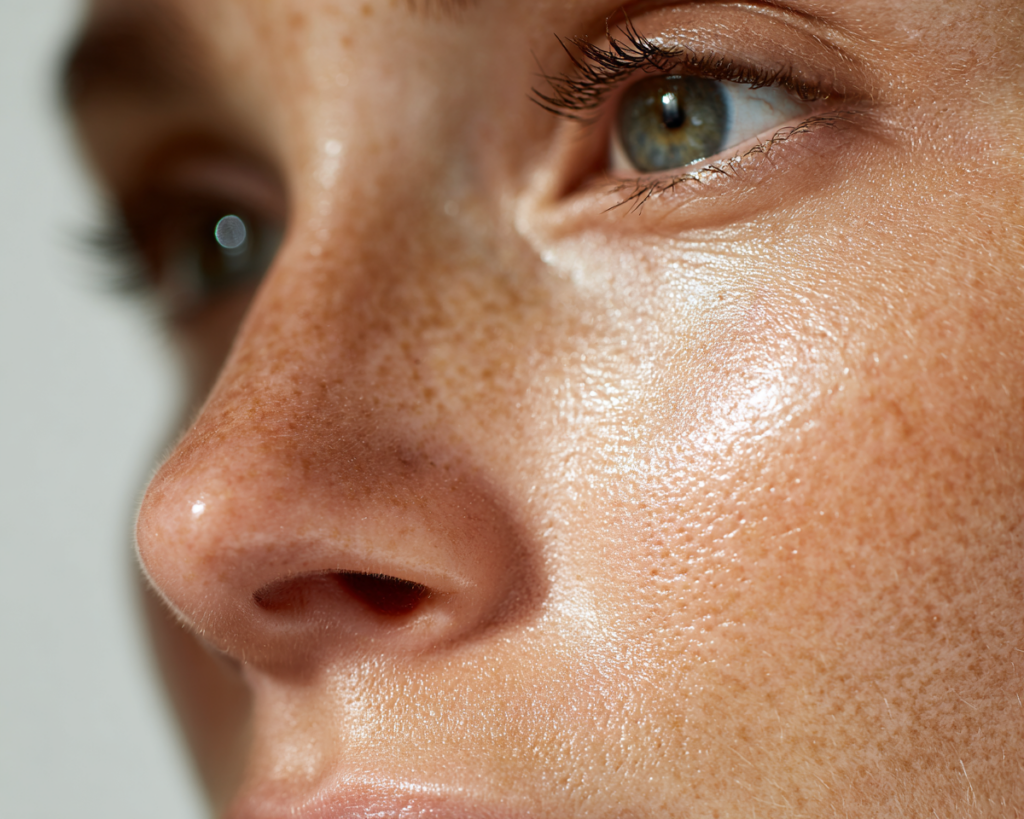 Close-up of freckled face with green eye