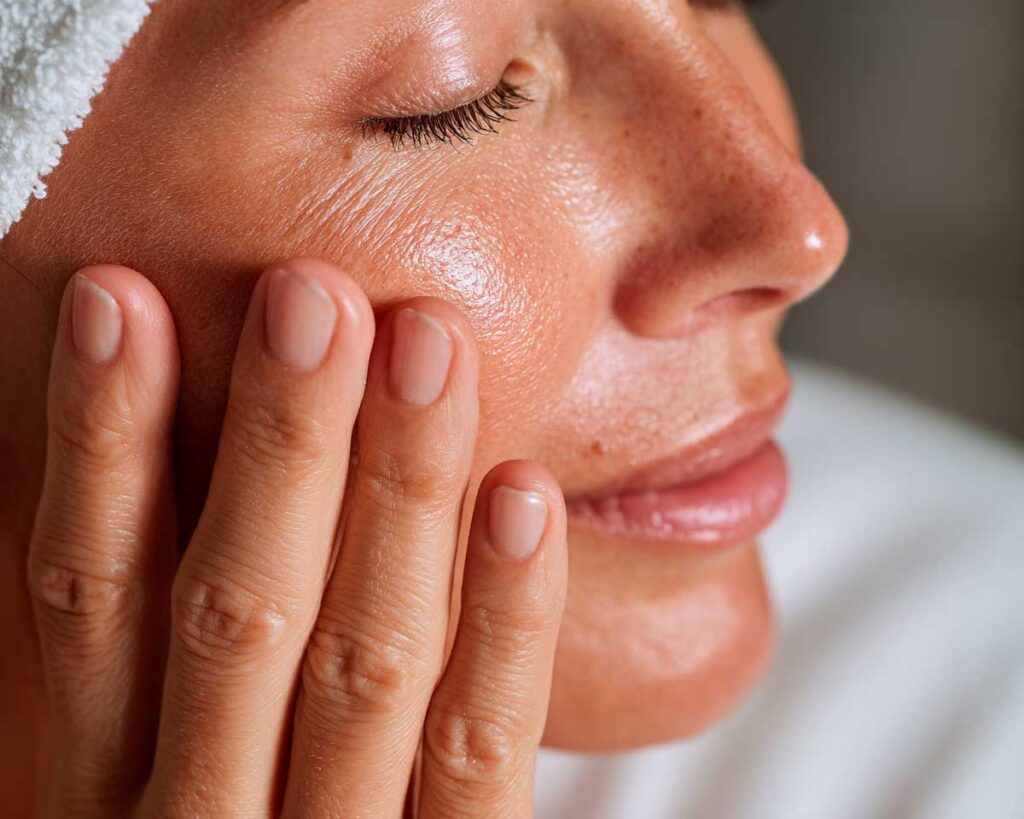 Woman applying skincare cream to her cheek