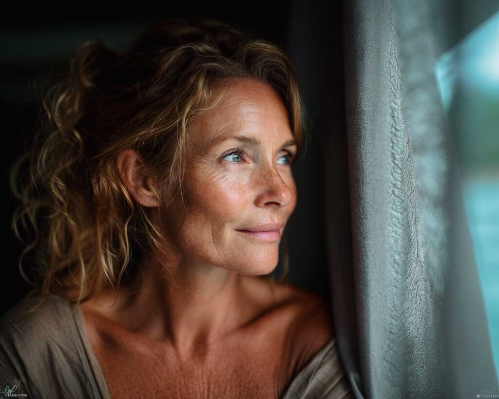 Woman gazing thoughtfully out a window