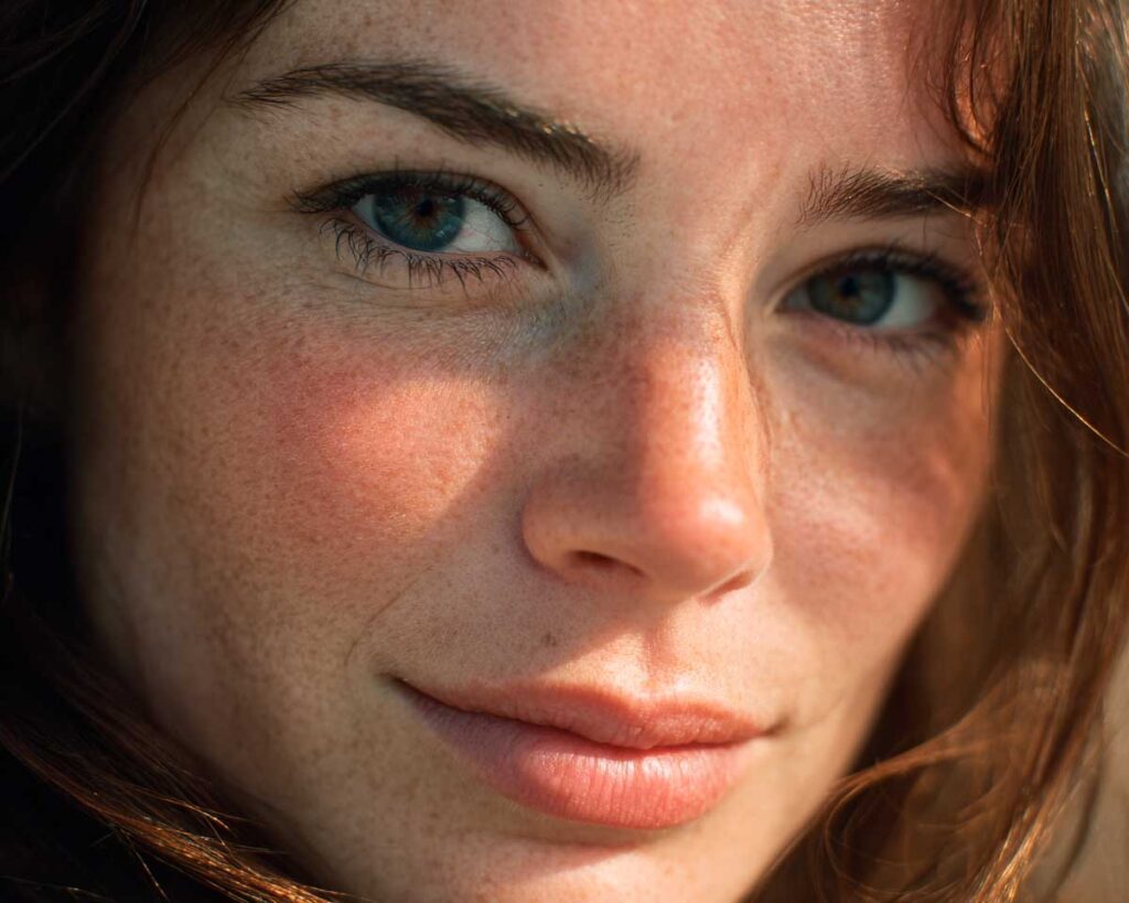 Close-up portrait of freckled woman with green eyes
