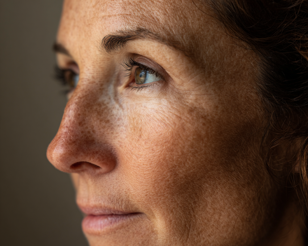 Close-up side profile of freckled woman’s face