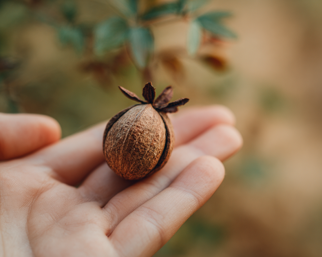 Hand holding small dried seed pod close-up