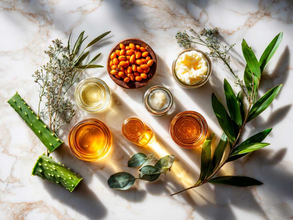 Natural skincare ingredients on marble surface.