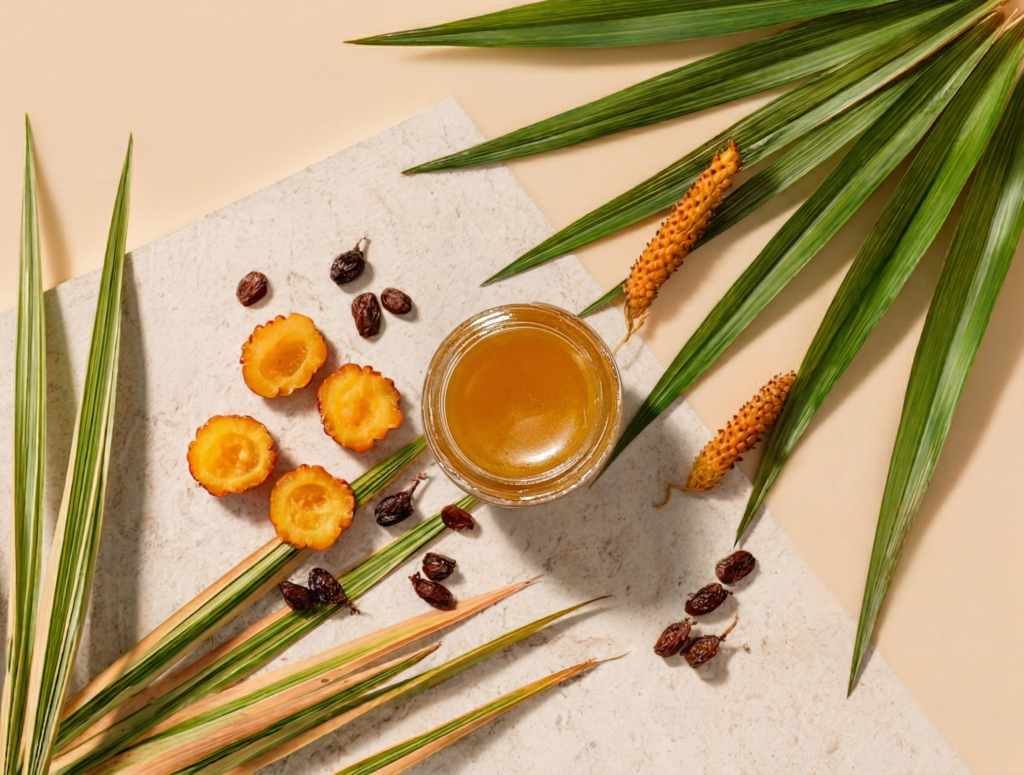 Jar of honey with palm leaves and fruit