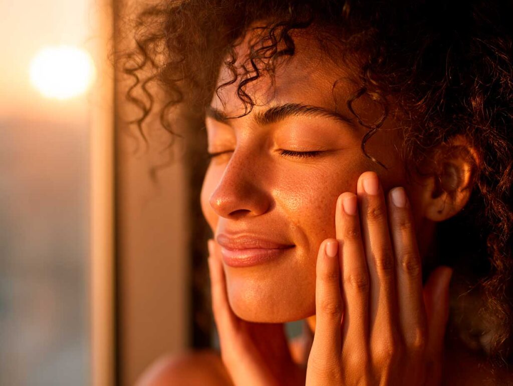 Woman enjoying sunset with eyes closed