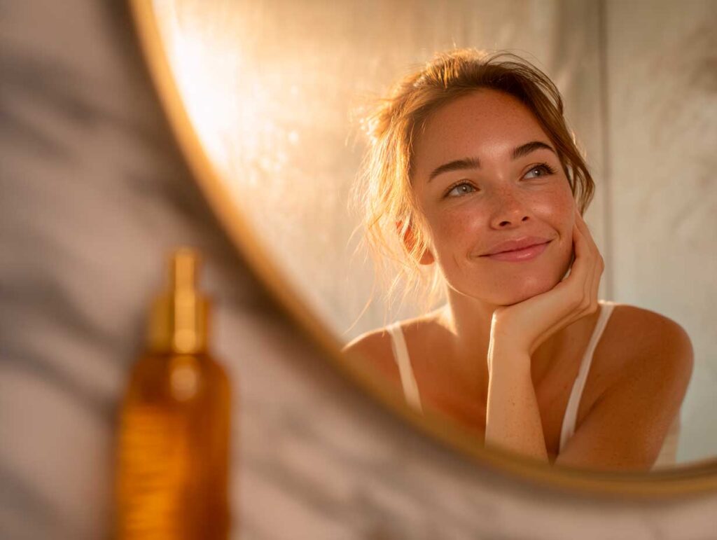 Woman smiling at herself in mirror at sunrise