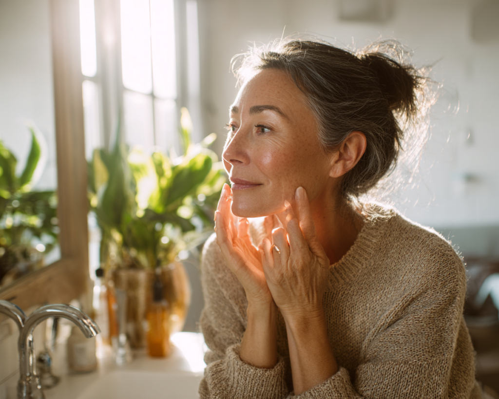 Woman applying skincare in sunlit bathroom