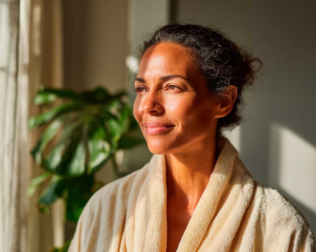 Woman in robe bathed in warm sunlight indoors