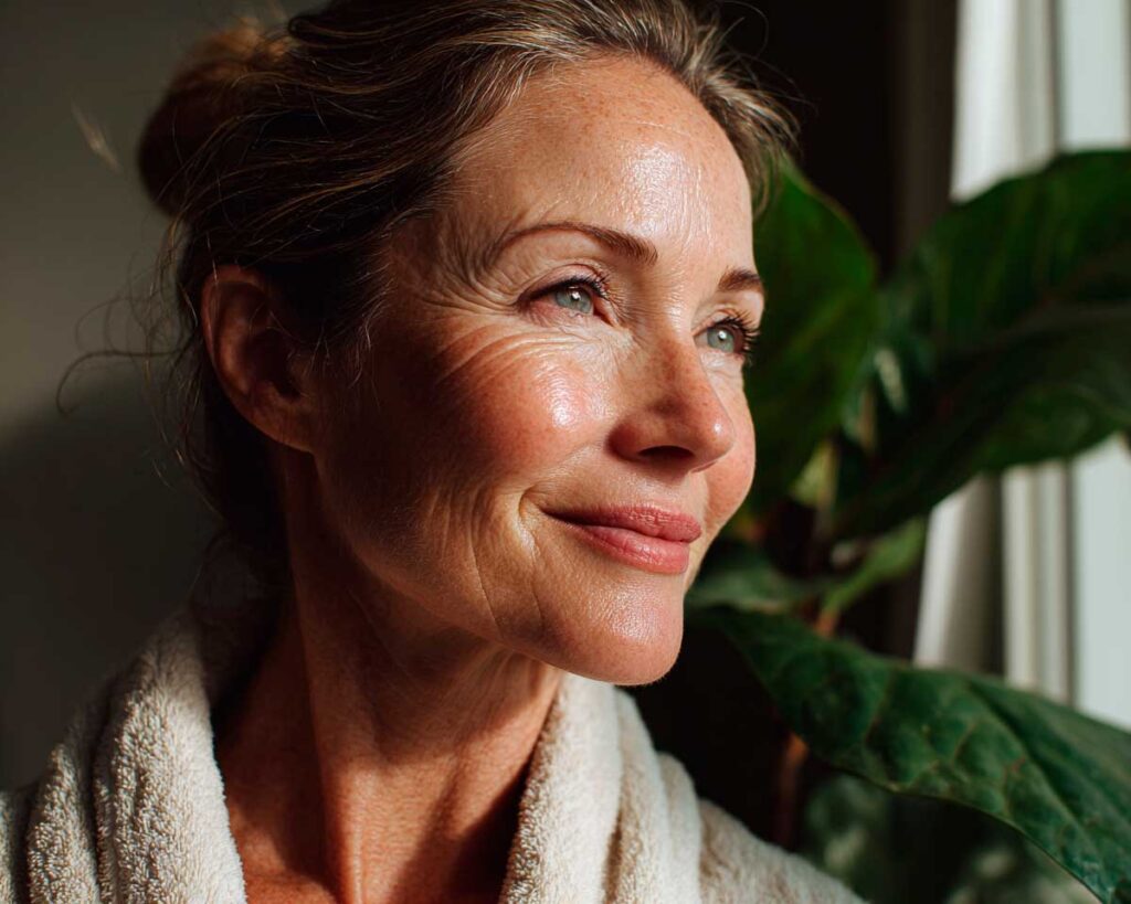 Smiling older woman by sunlit window with plant