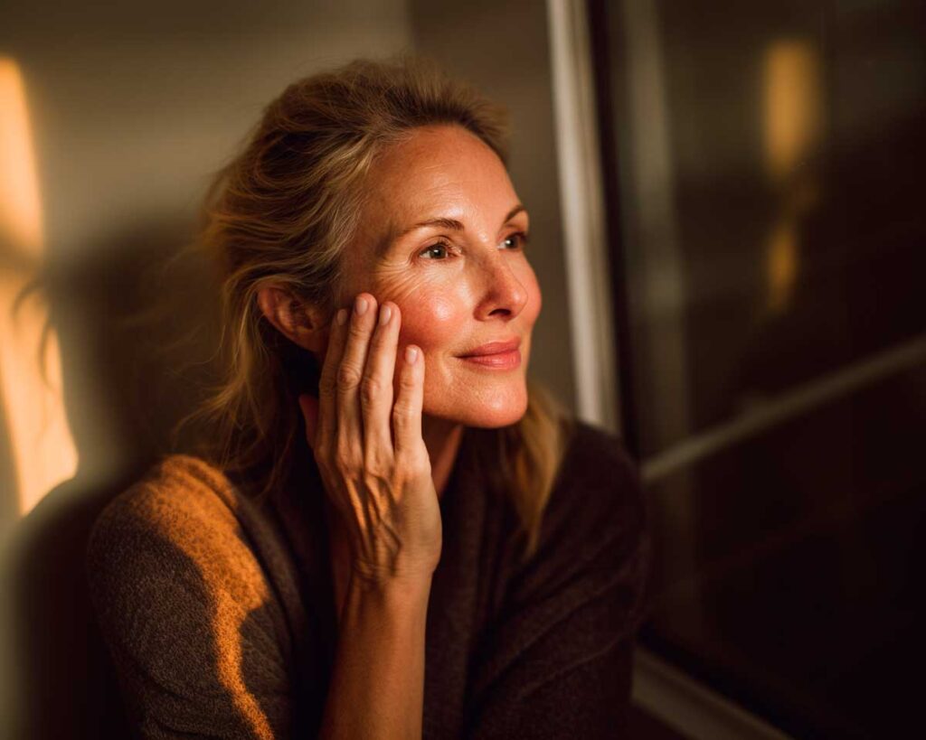 Woman touching face in warm window light