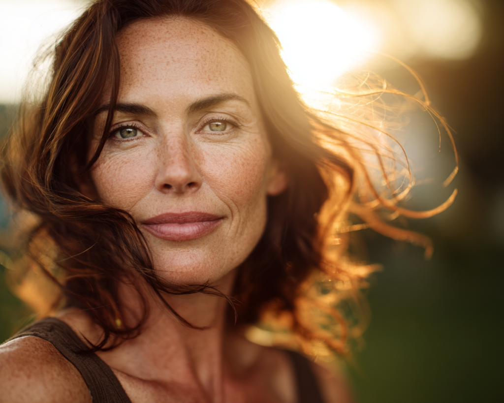 Close-up portrait of freckled woman at sunset