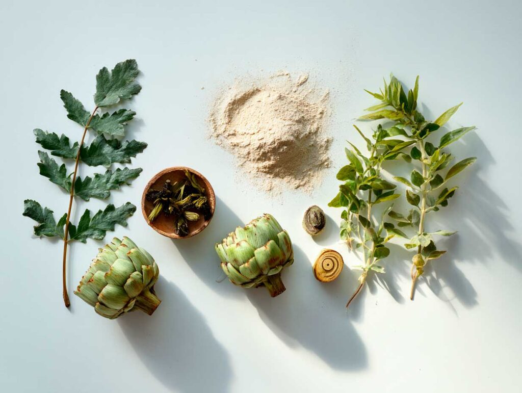 Artichokes, herbs, and powder on white background