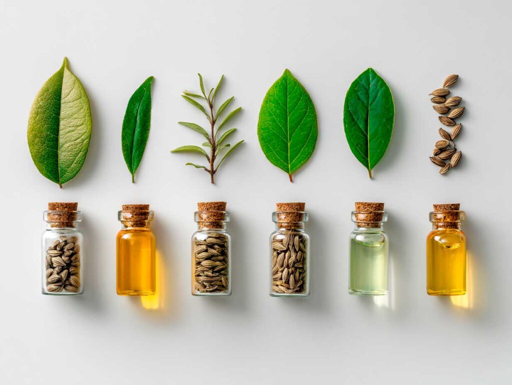 Herbal leaves and essential oil bottles arrangement