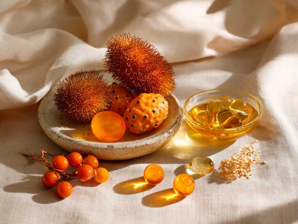 Assorted orange fruits and capsules on linen